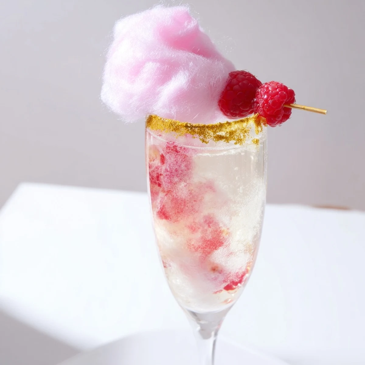 Close-up of a pink champagne mocktail with dissolving cotton candy swirls over ice and a fresh raspberry.