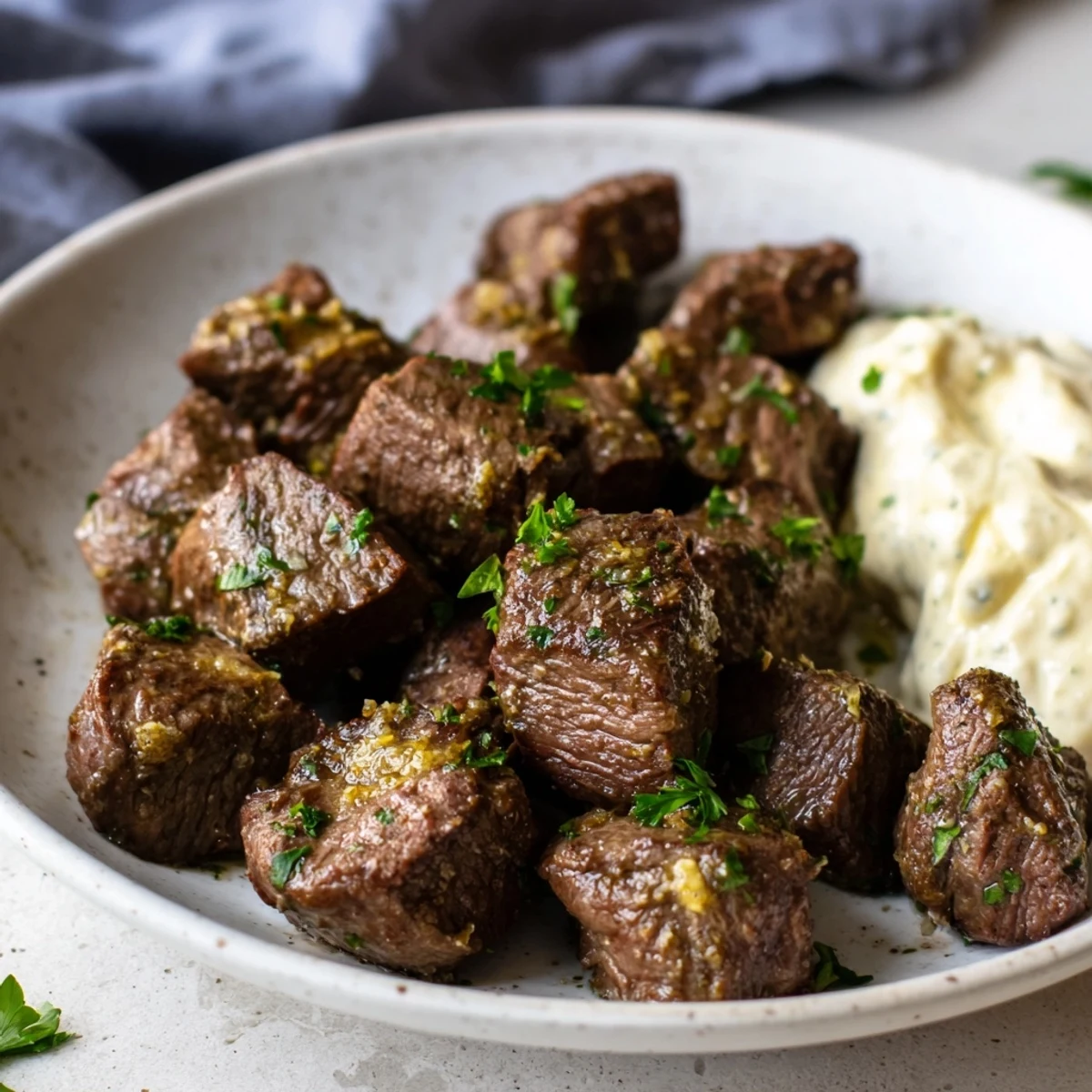 Golden steak bites drizzled in garlic butter, served alongside a zesty horseradish dipping sauce.
