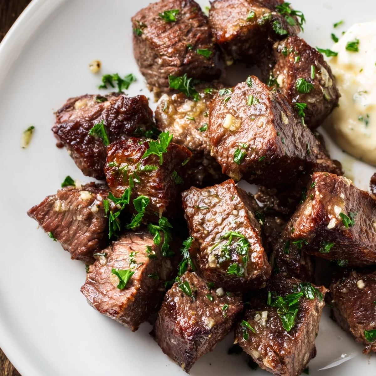 Tender, seared steak bites topped with creamy horseradish sauce on a rustic wooden serving board.
