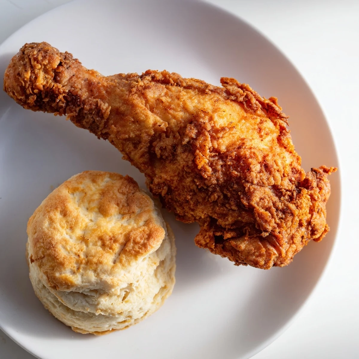 Freshly baked golden Southern Fried Chicken with Buttermilk Biscuits served beside a jar of honey.