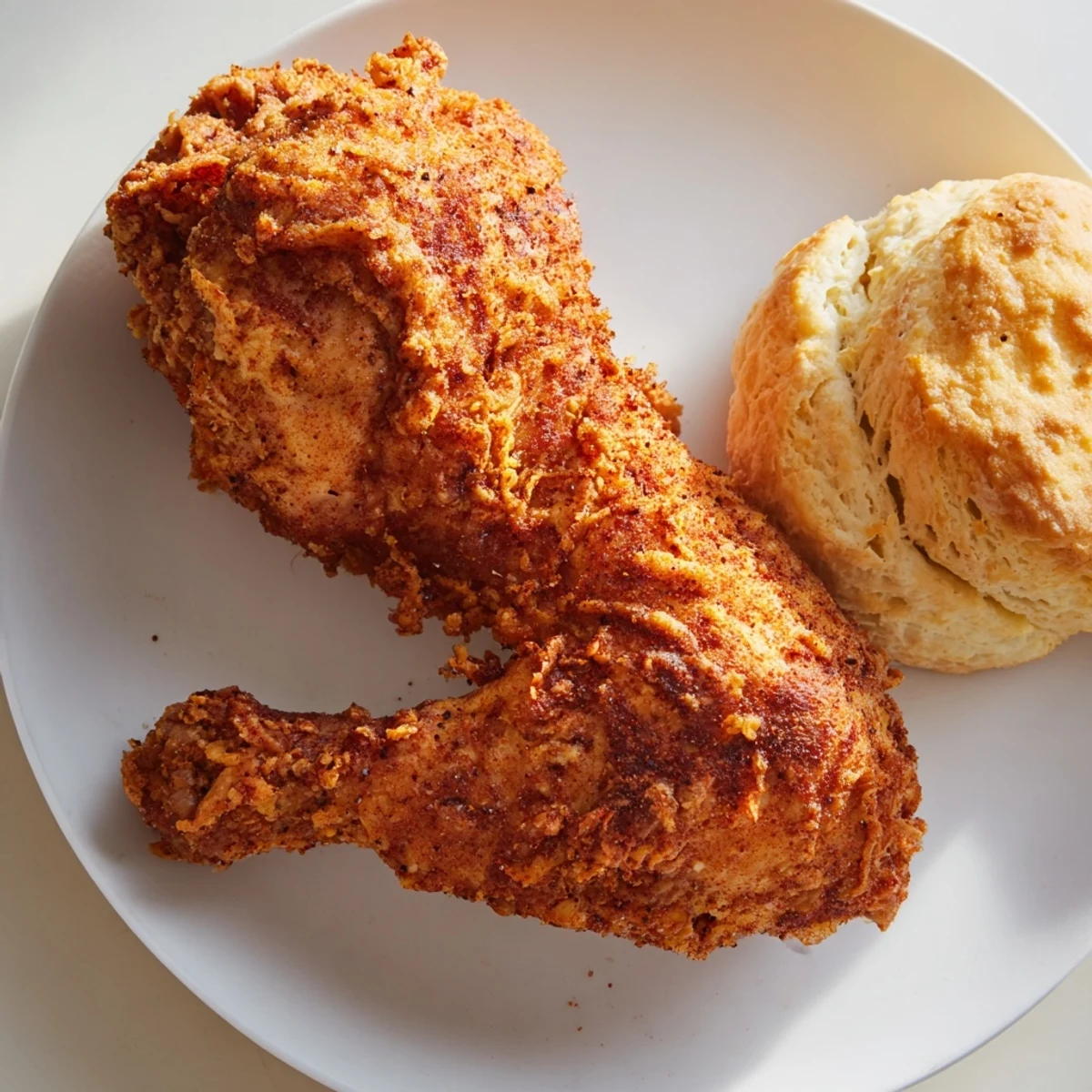 Crispy golden Southern Fried Chicken with Buttermilk Biscuits steaming on a rustic plate with honey drizzle.