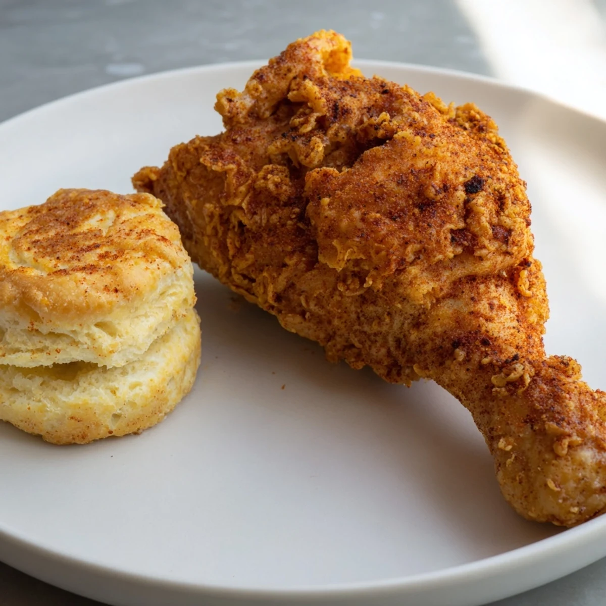 Golden Southern Fried Chicken with Buttermilk Biscuits, juicy drumsticks and flaky biscuits on a checkered napkin.