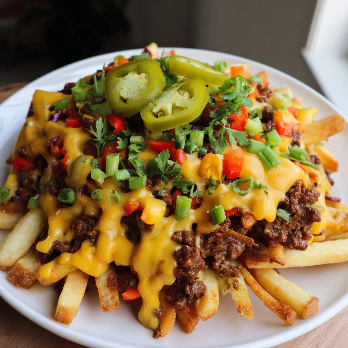 Crispy golden fries piled high with hearty beef chili and melted sharp cheddar cheese, perfect for game day gatherings.