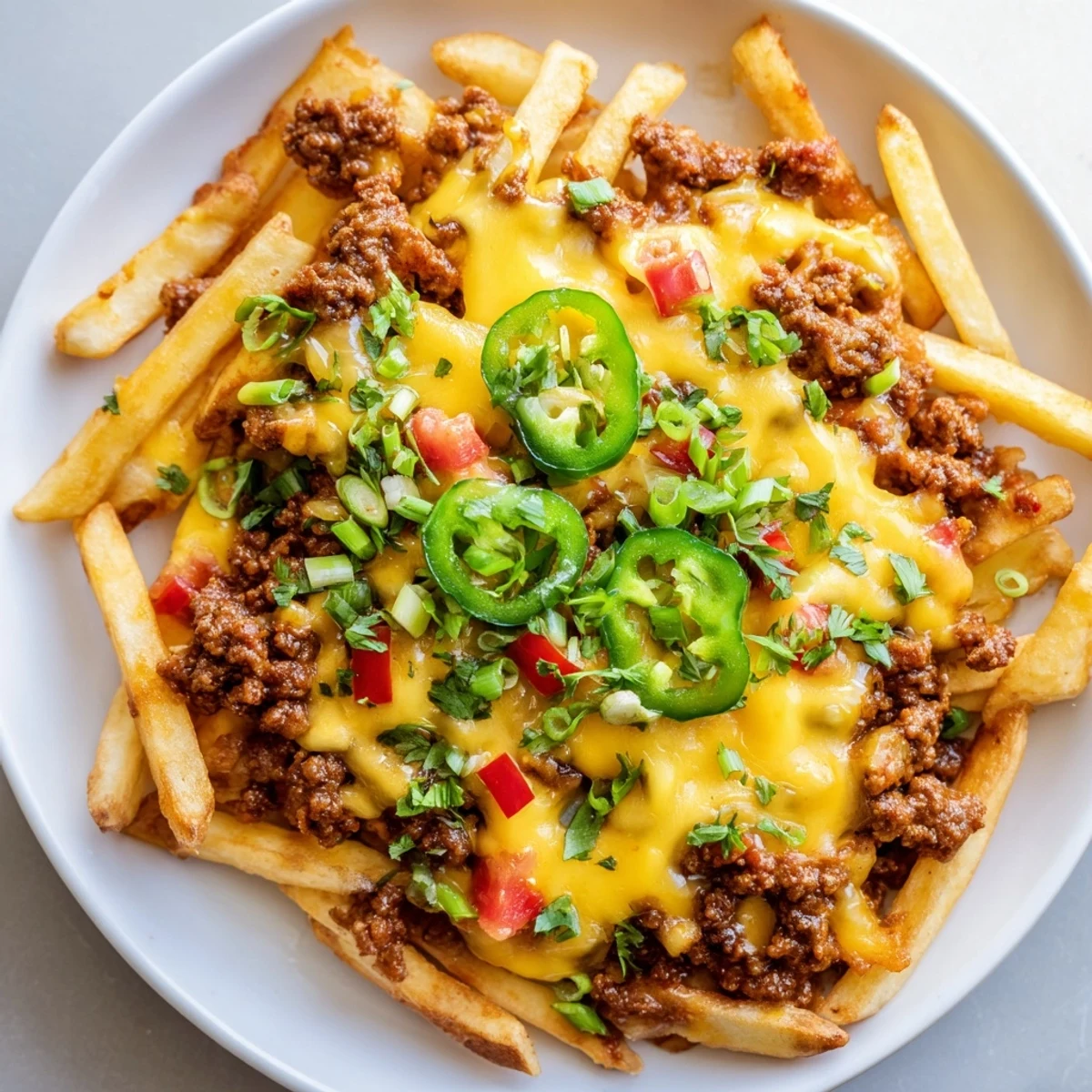 Loaded game day chili cheese fries featuring golden fries, robust beef chili, and gooey cheddar, ready for immediate serving.