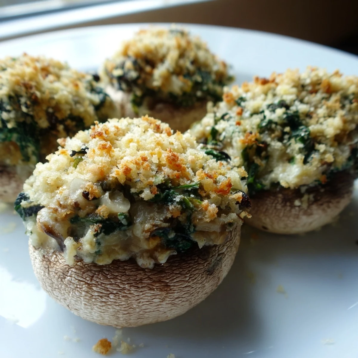 Golden-baked Vegetarian Stuffed Mushrooms filled with creamy spinach, garlic, and Parmesan, served warm on a platter.