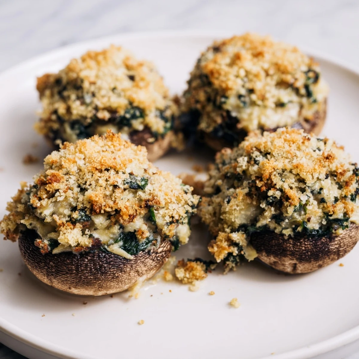 A close-up of savory Vegetarian Stuffed Mushrooms topped with crunchy breadcrumbs, revealing a rich spinach and cheese filling.