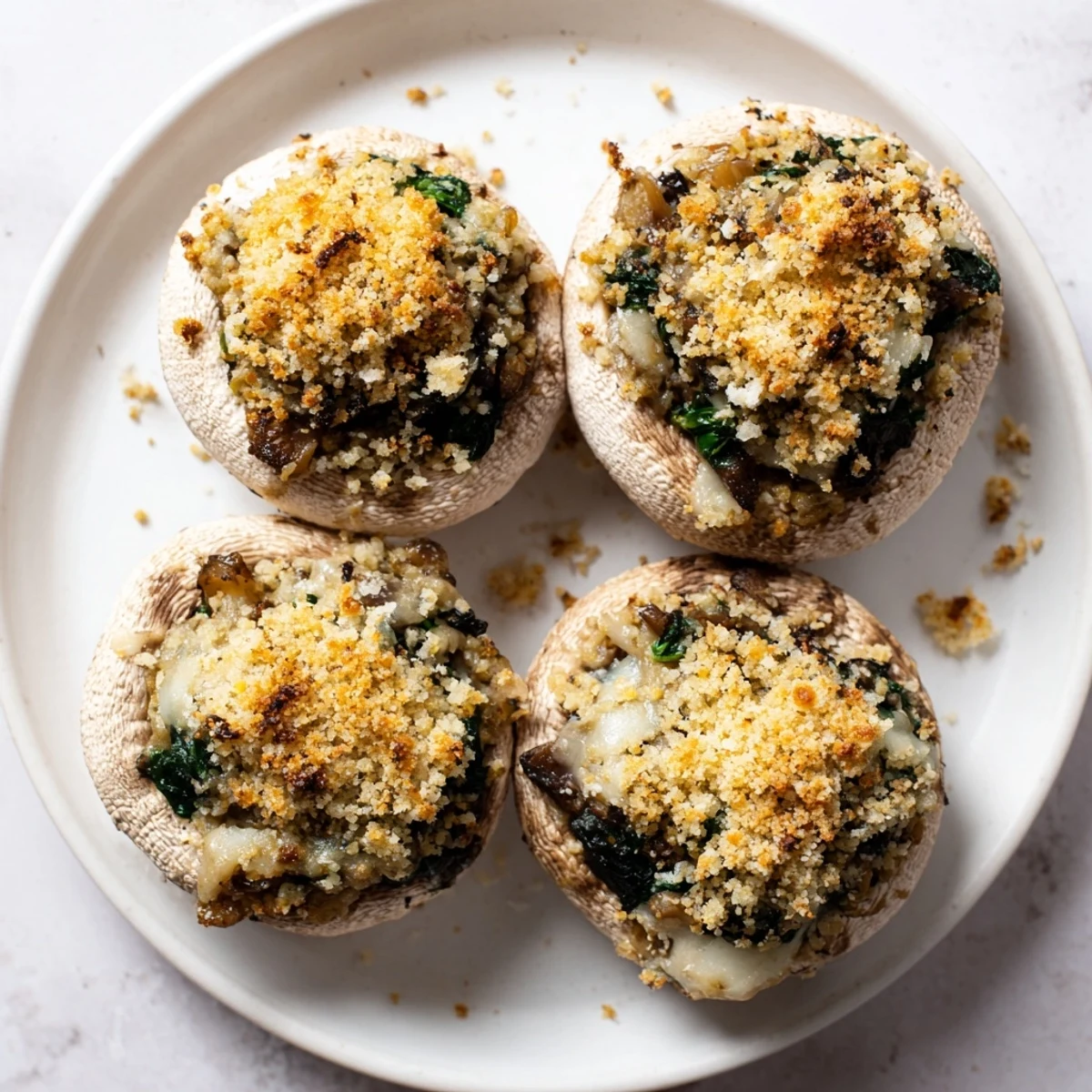 Freshly roasted Vegetarian Stuffed Mushrooms with golden tops, paired with a glass of white wine for an elegant appetizer.