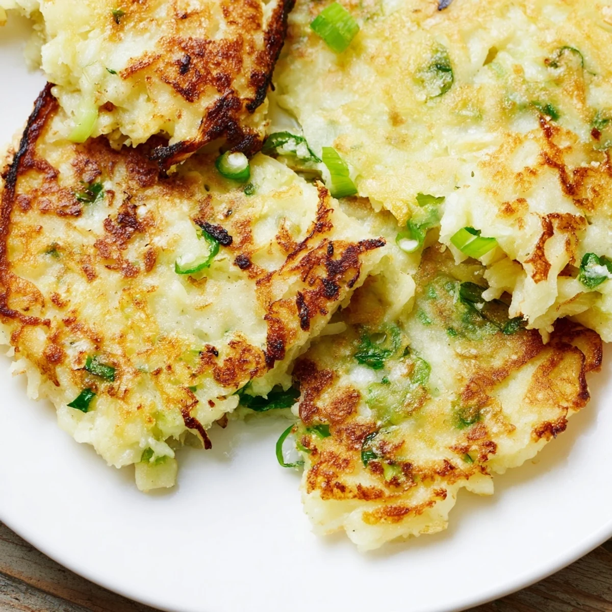 Golden-brown Irish Boxty Potato Pancakes with Scallions, crispy on the edges and soft inside, served warm from the skillet.