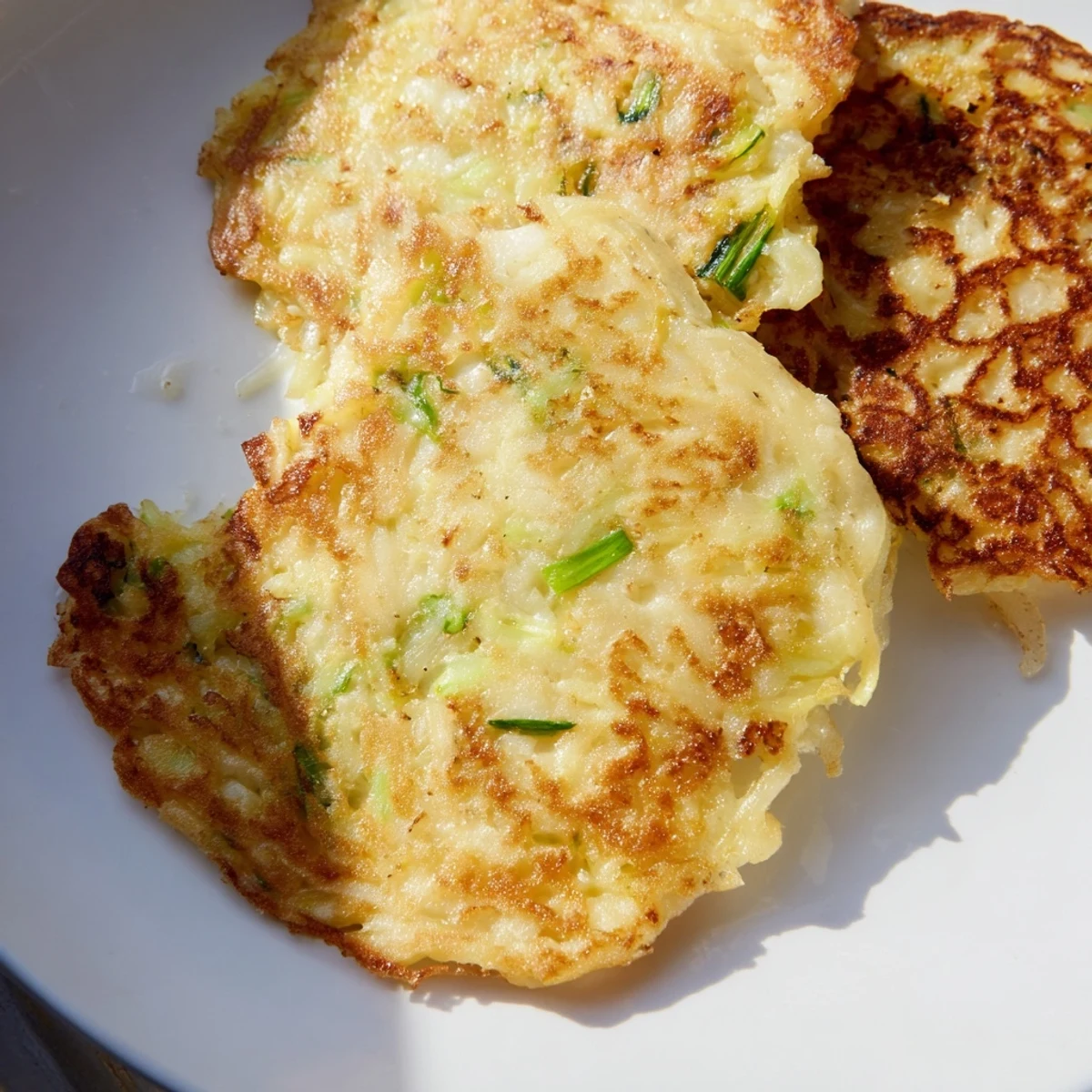 A close-up of Irish Boxty Potato Pancakes with Scallions, garnished with extra green onions and a dollop of sour cream.