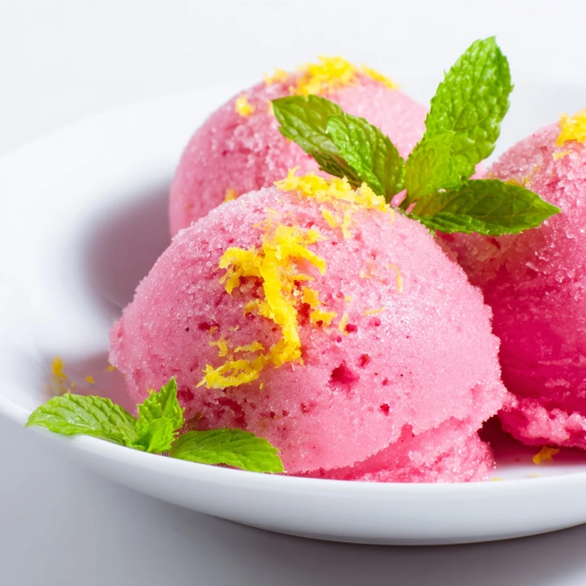Tangy, sweet sorbet made from fresh lemon juice and steeped mint syrup, ready to serve on a hot day.