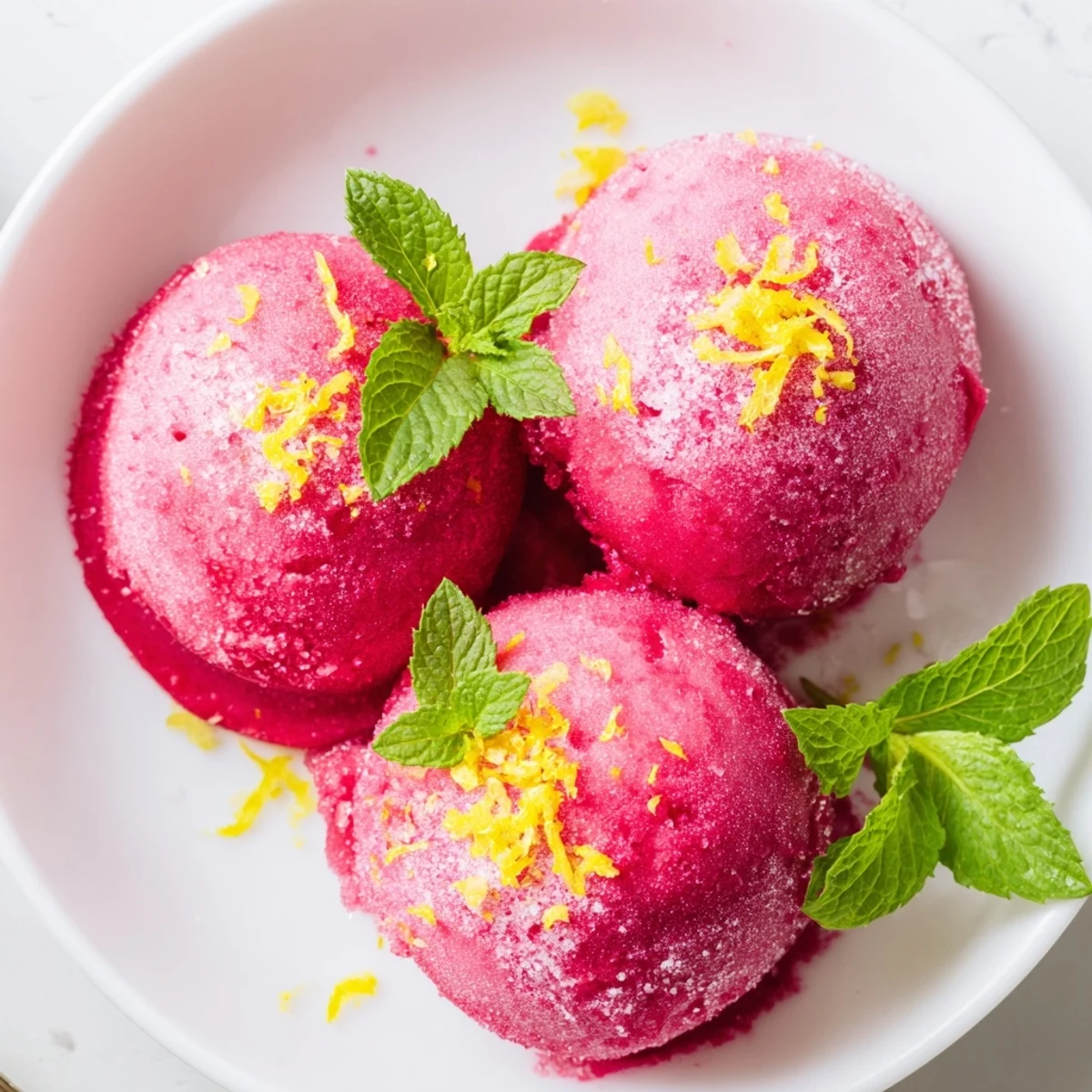 A scoop of vibrant Pink Lemonade Sorbet with Fresh Mint rests in a chilled glass, garnished with mint leaves.