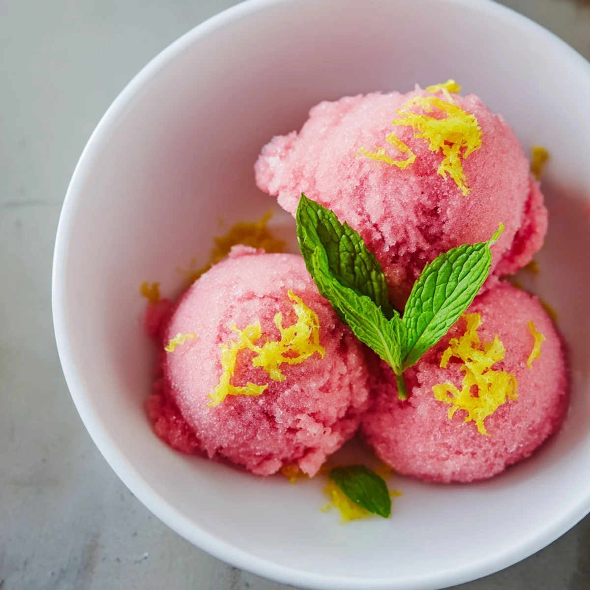 A close-up of Pink Lemonade Sorbet with Fresh Mint highlights its icy texture and bright pink hue in a bowl.