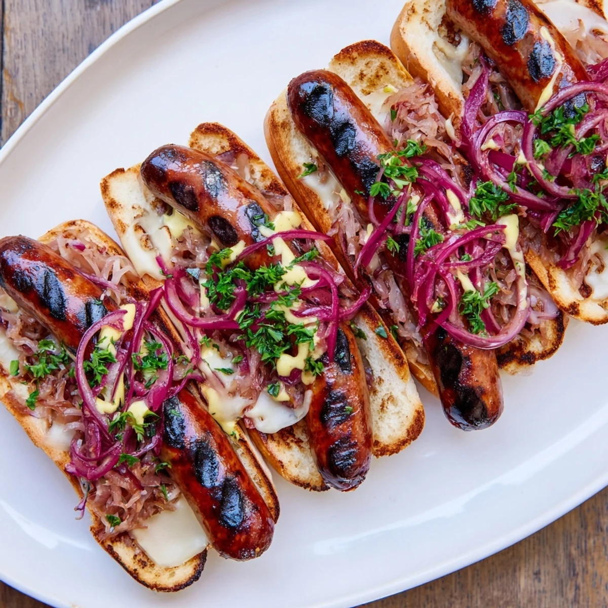 Golden-brown grilled beef brats nestled in toasted buns, topped with tangy sauerkraut and a drizzle of mustard for a classic cookout flavor.
