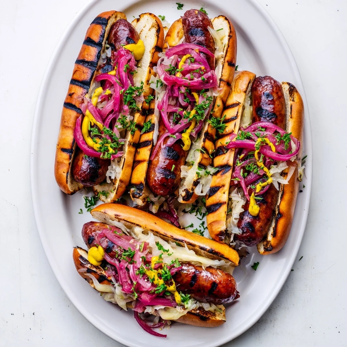Hearty German-American beef bratwursts sizzling off the grill, piled high with crisp sauerkraut in a toasted bun for a satisfying bite.