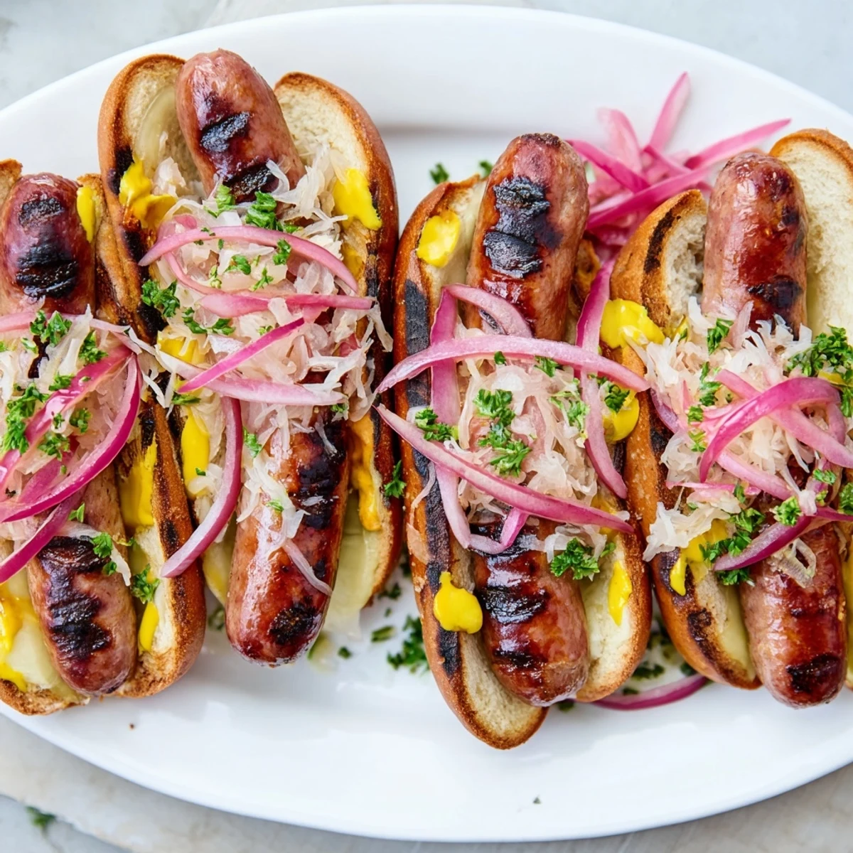 Freshly grilled beef brats served with steaming sauerkraut and optional Swiss cheese, ready to be enjoyed at a sunny backyard barbecue.