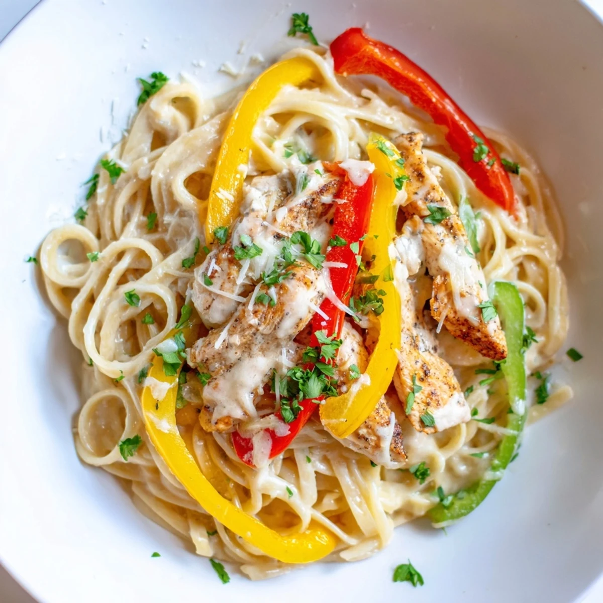 Creamy Cajun Chicken Alfredo with Bell Peppers served over fettuccine, garnished with fresh parsley.