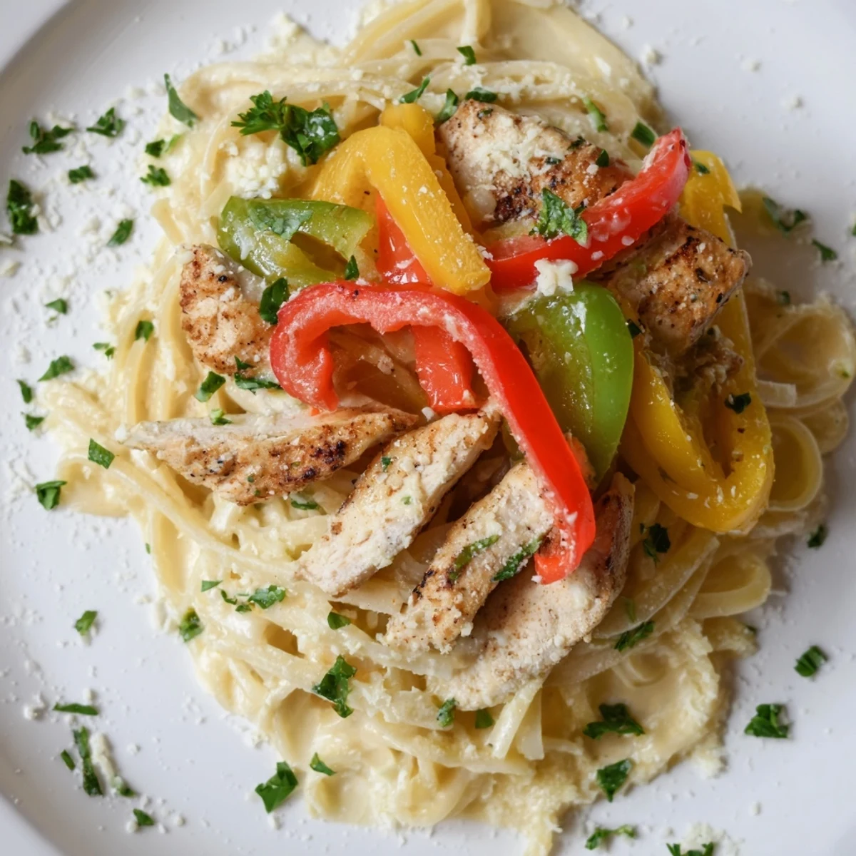A skillet of Cajun Chicken Alfredo with Bell Peppers next to a glass of white wine.
