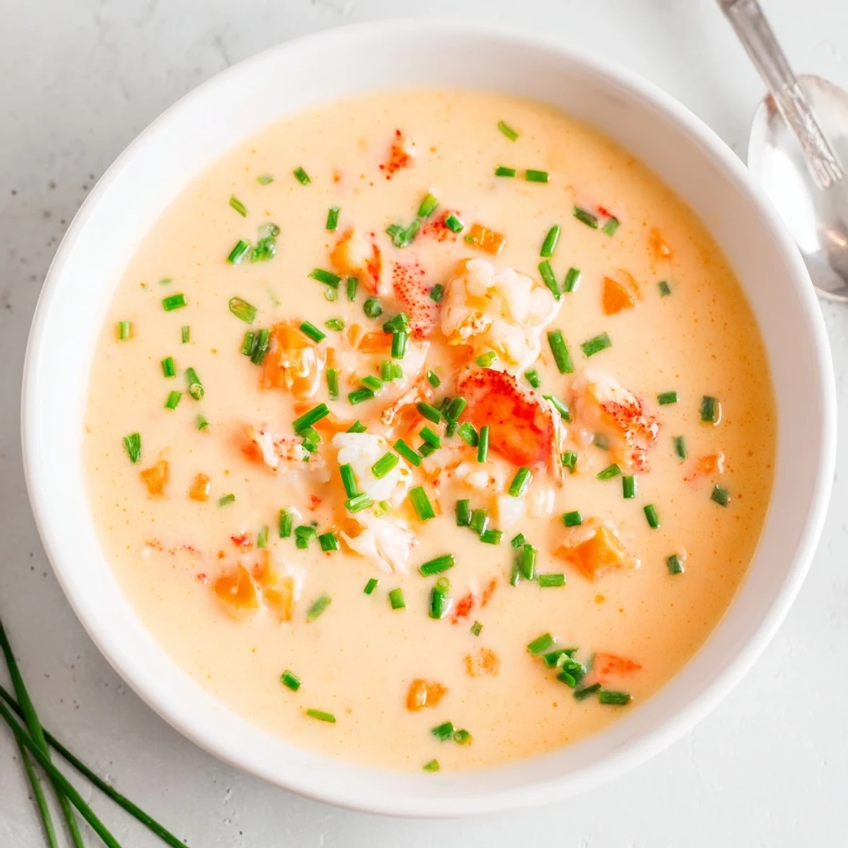 Creamy Lobster Bisque with Sherry Vinegar Substitute served steaming in a white bowl, garnished with fresh chives and tender lobster chunks.  