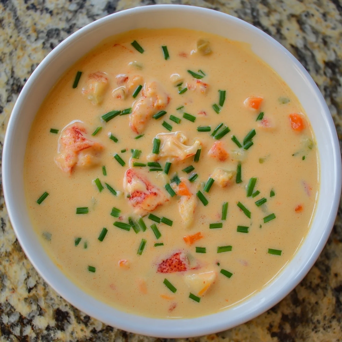 Close-up of velvety Creamy Lobster Bisque with Sherry Vinegar Substitute, highlighting rich color and silky texture beside a crusty bread slice.  