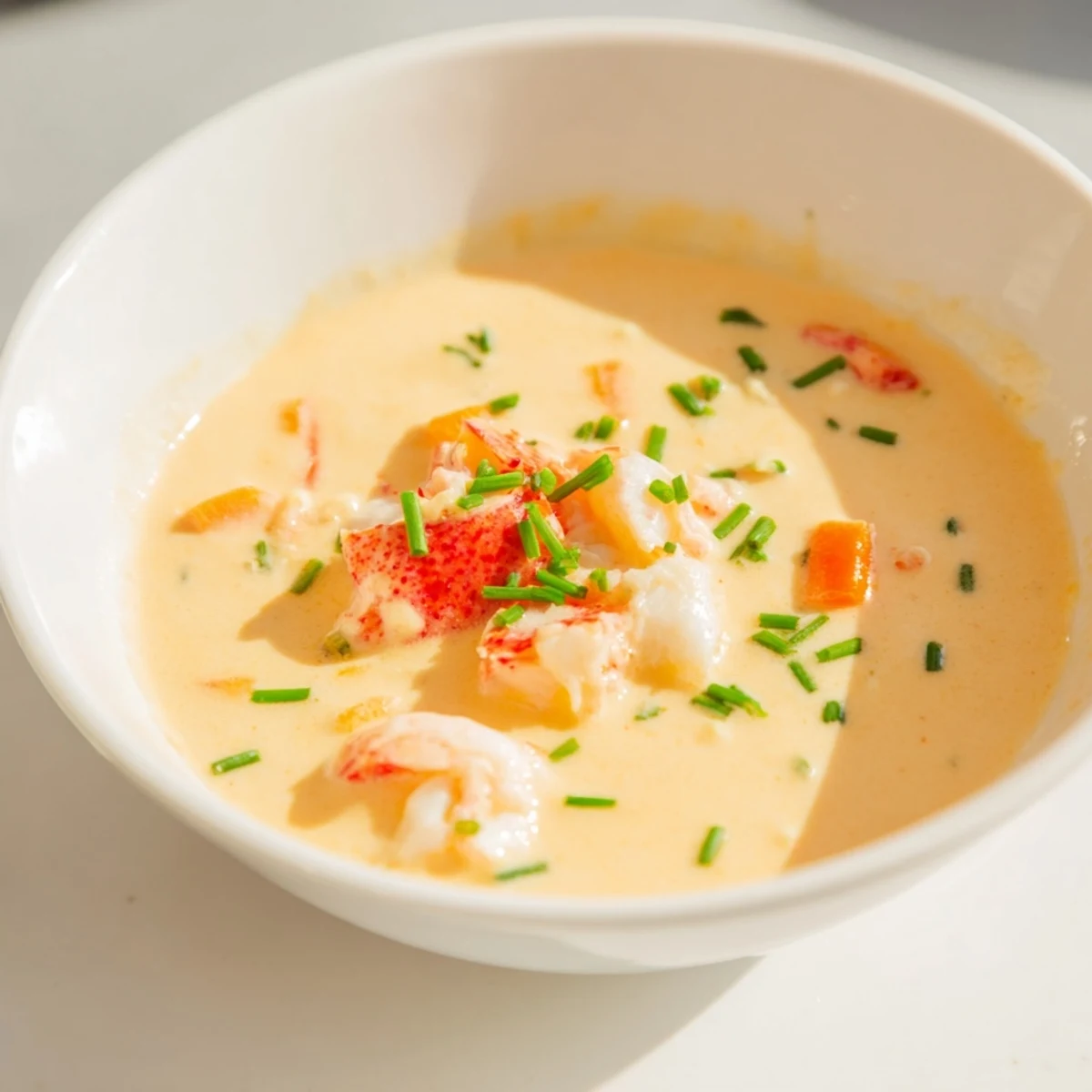 Elegant bowl of Creamy Lobster Bisque with Sherry Vinegar Substitute, perfect for a special occasion appetizer with a glass of Chardonnay.