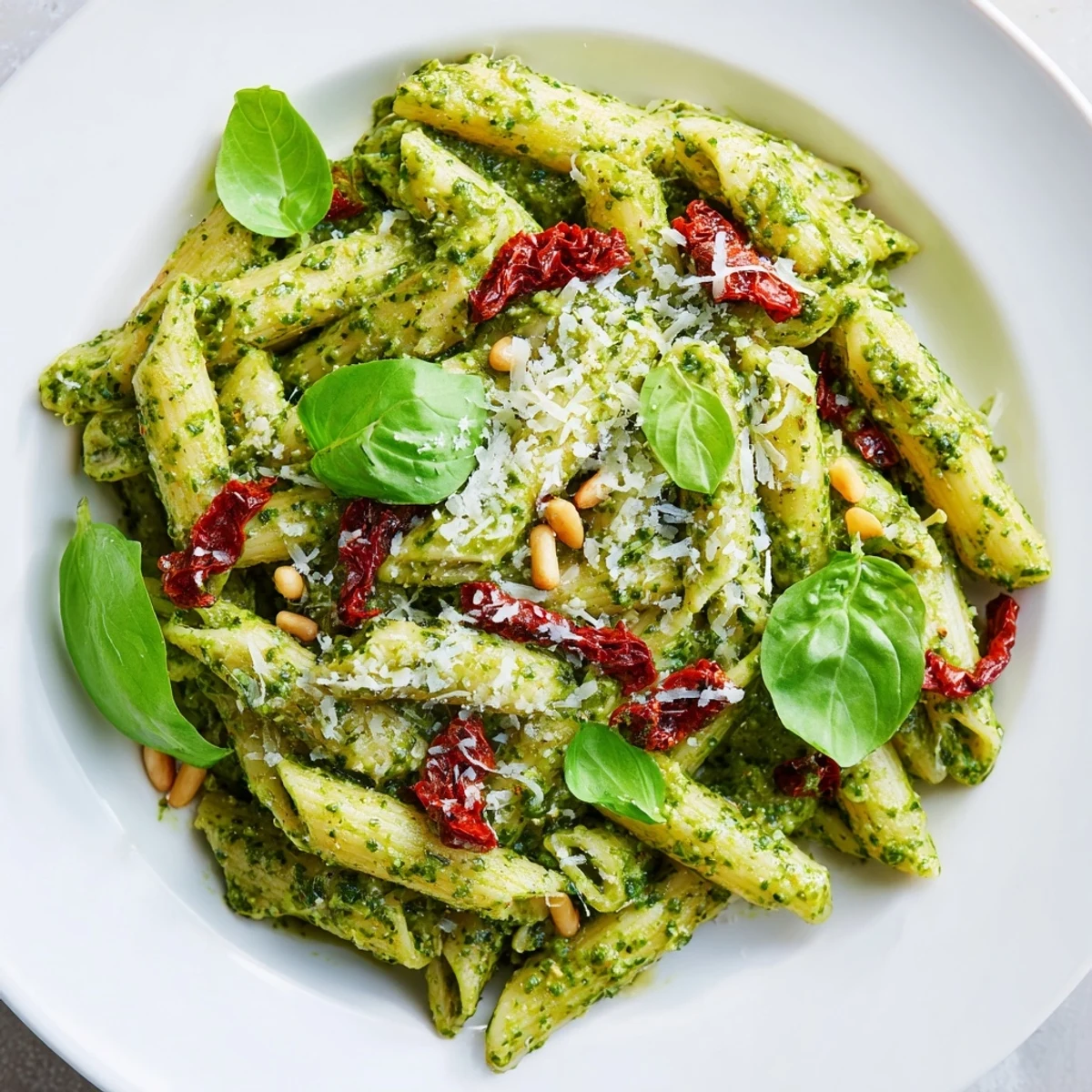 Bright green pesto coats al dente penne tossed with sun-dried tomatoes and fresh basil garnish, perfect for a quick vegetarian dinner.