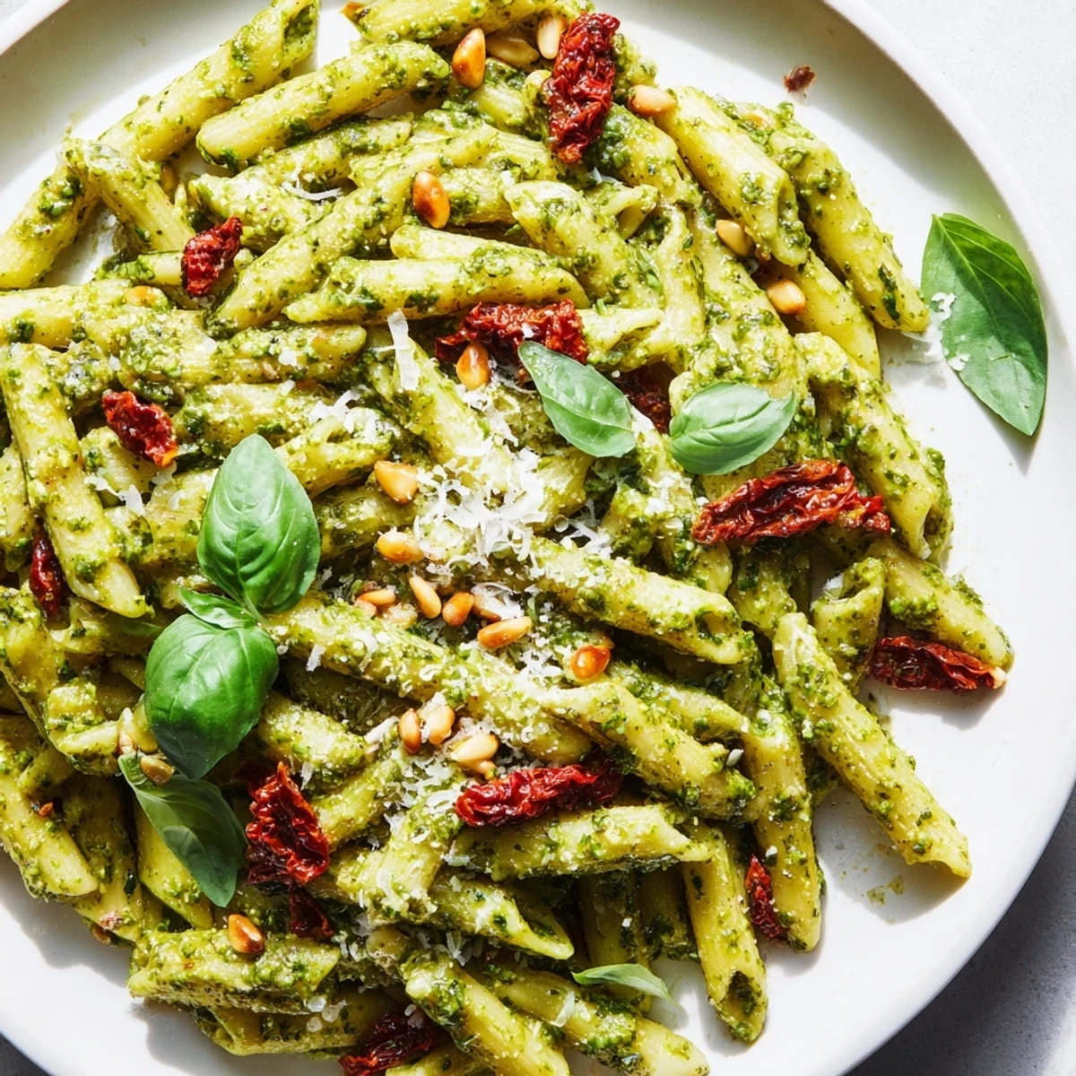 A vibrant bowl of Green Pesto Pasta with Sun-Dried Tomatoes steaming gently, with a fork twirling pesto-coated noodles and tangy tomato slices.
