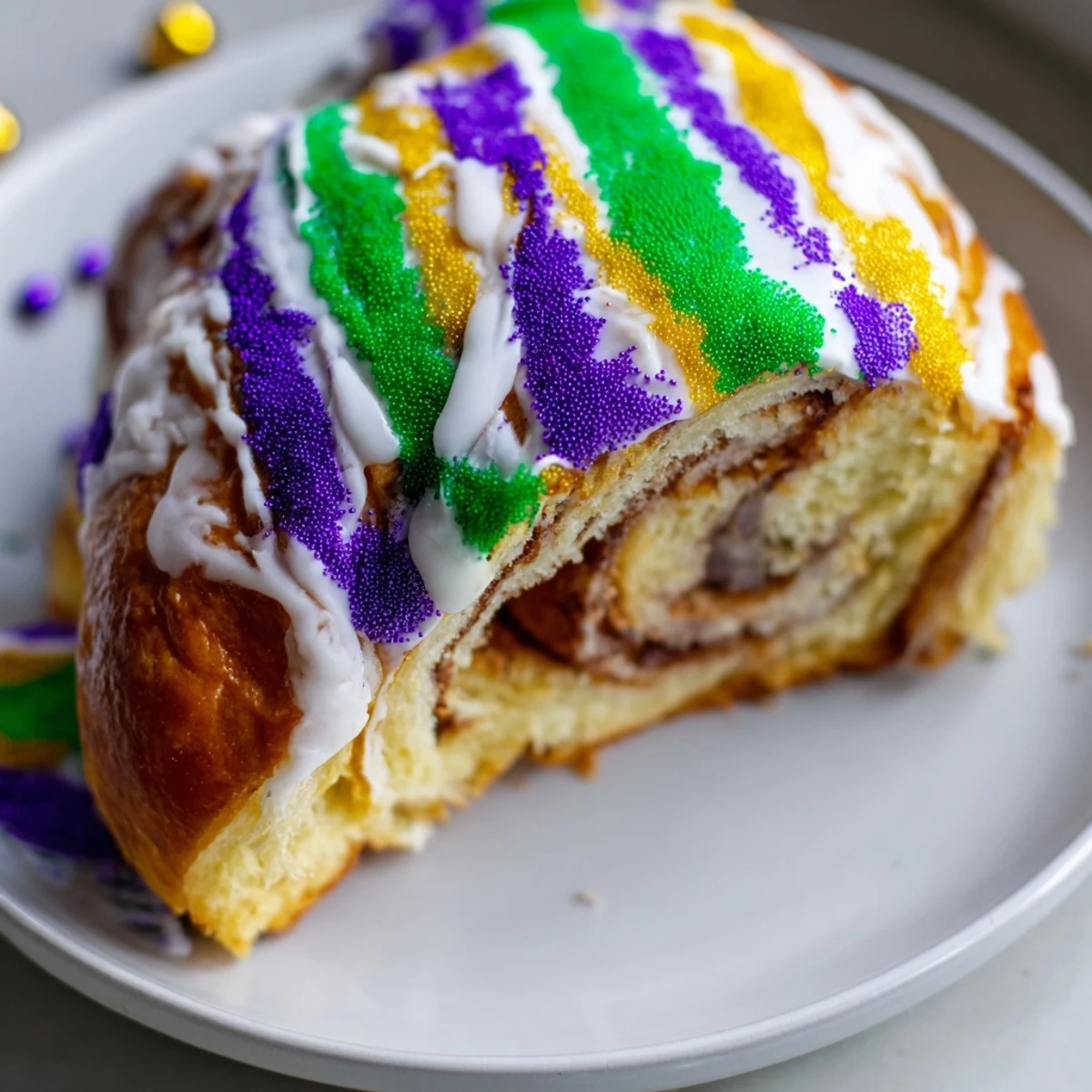 A festive Mardi Gras King Cake with a golden brioche swirl, topped with vibrant purple, green, and gold sugars.
