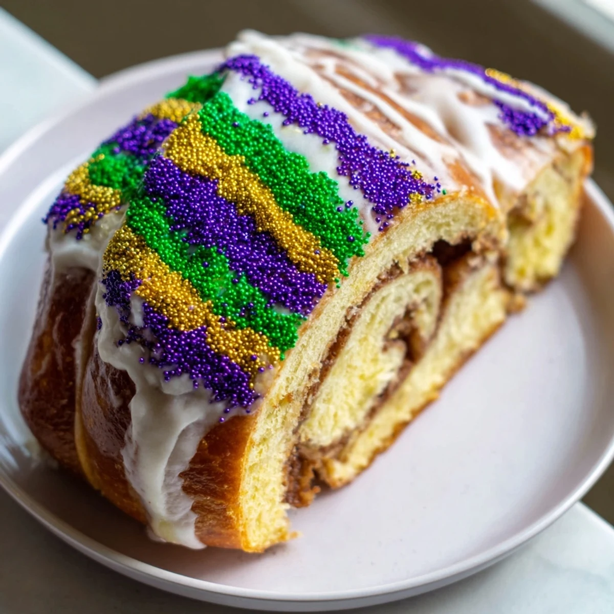 Freshly baked Mardi Gras King Cake on a wooden board, decorated with colorful Carnival sugars and ready to serve.