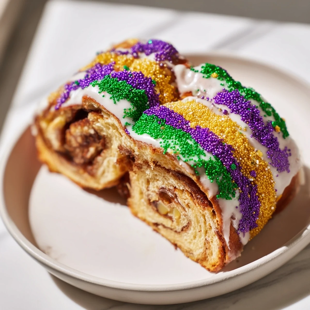 Close-up of a Mardi Gras King Cake slice revealing a gooey cinnamon filling, drizzled with sweet vanilla icing.