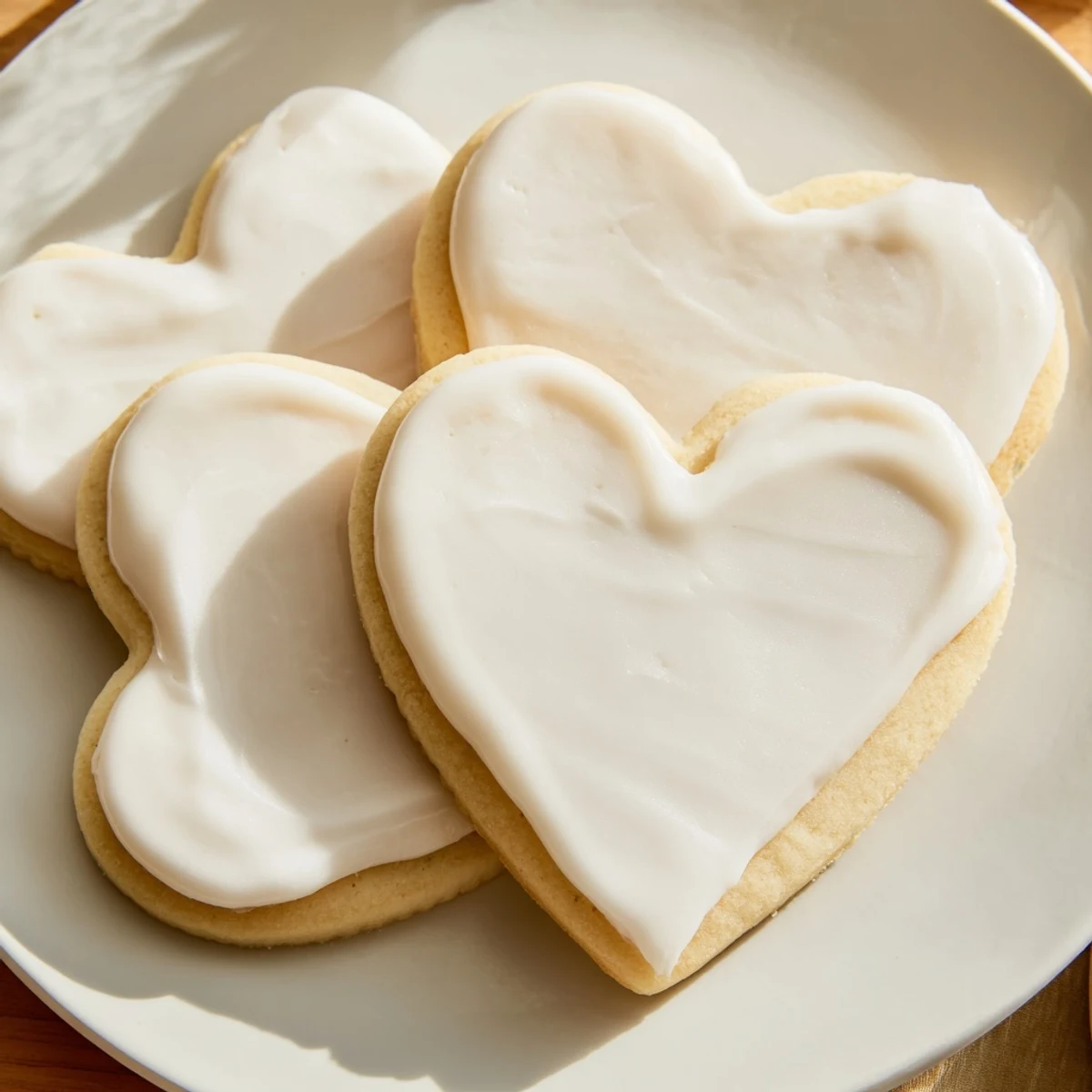 Decorative Heart Shaped Sugar Cookies with Royal Icing show smooth red icing hearts and delicate piping for Valentine's Day.