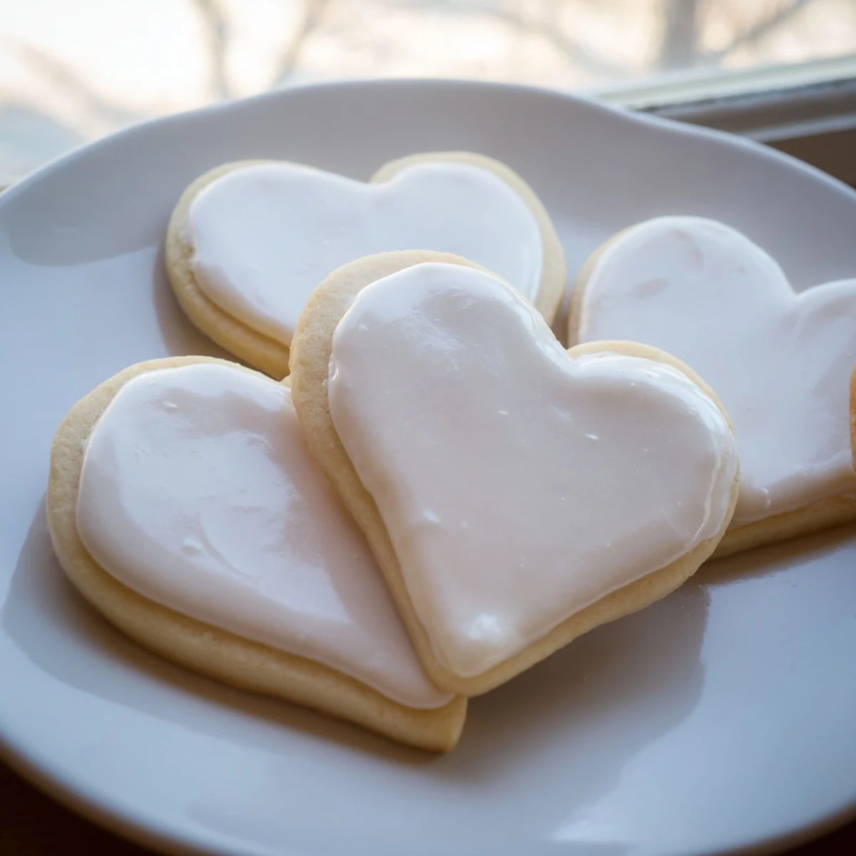 Stacked Heart Shaped Sugar Cookies with Royal Icing reveal golden edges, glossy white icing, and a festive platter presentation.
