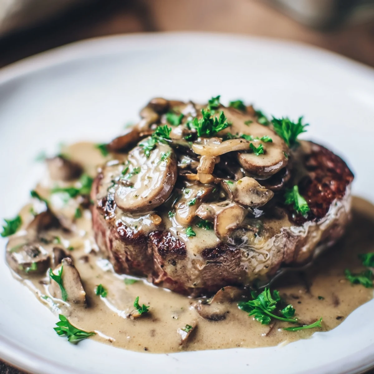 Golden-brown seared steak Diane plated with creamy mushroom sauce, garnished with fresh parsley for a classic steakhouse presentation.  