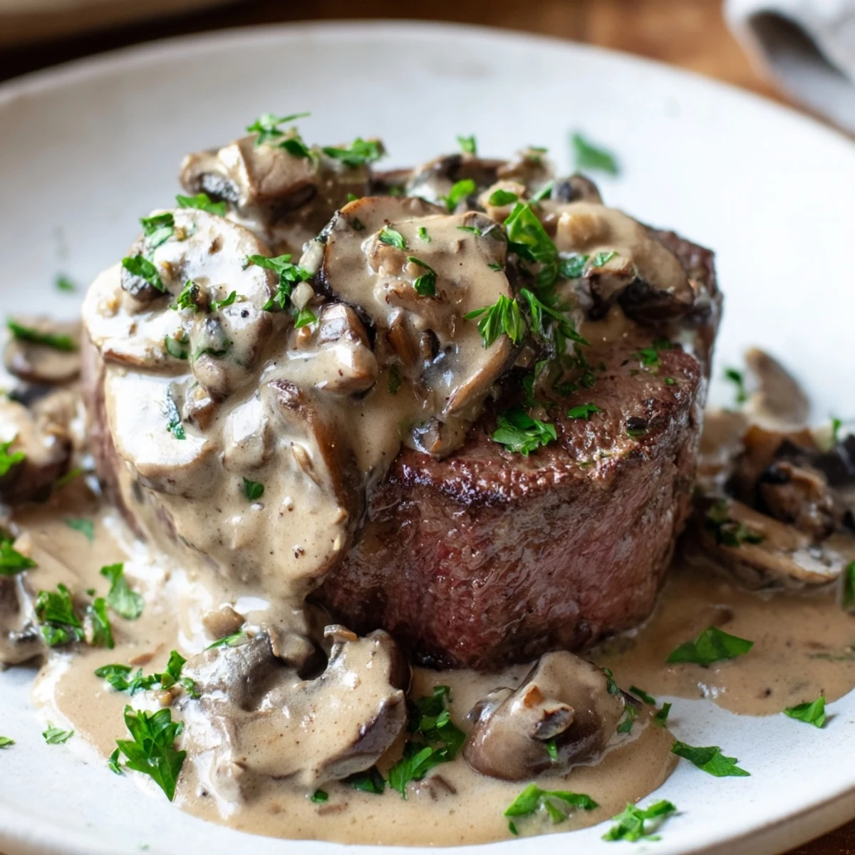 Perfectly cooked steak Diane resting in a rich, brandy-infused mushroom cream sauce, ready to serve.