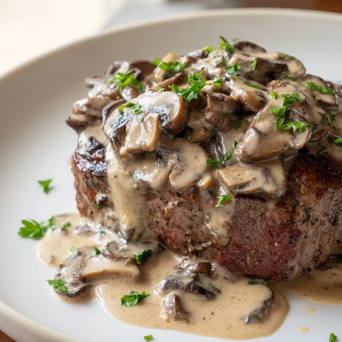 Steak Diane with creamy mushroom sauce served alongside buttered green beans and a glass of Cabernet Sauvignon.  