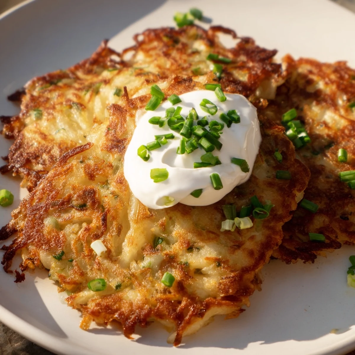 Close-up on crispy-edged Irish Boxty Potato Pancakes revealing tender grated potato texture.