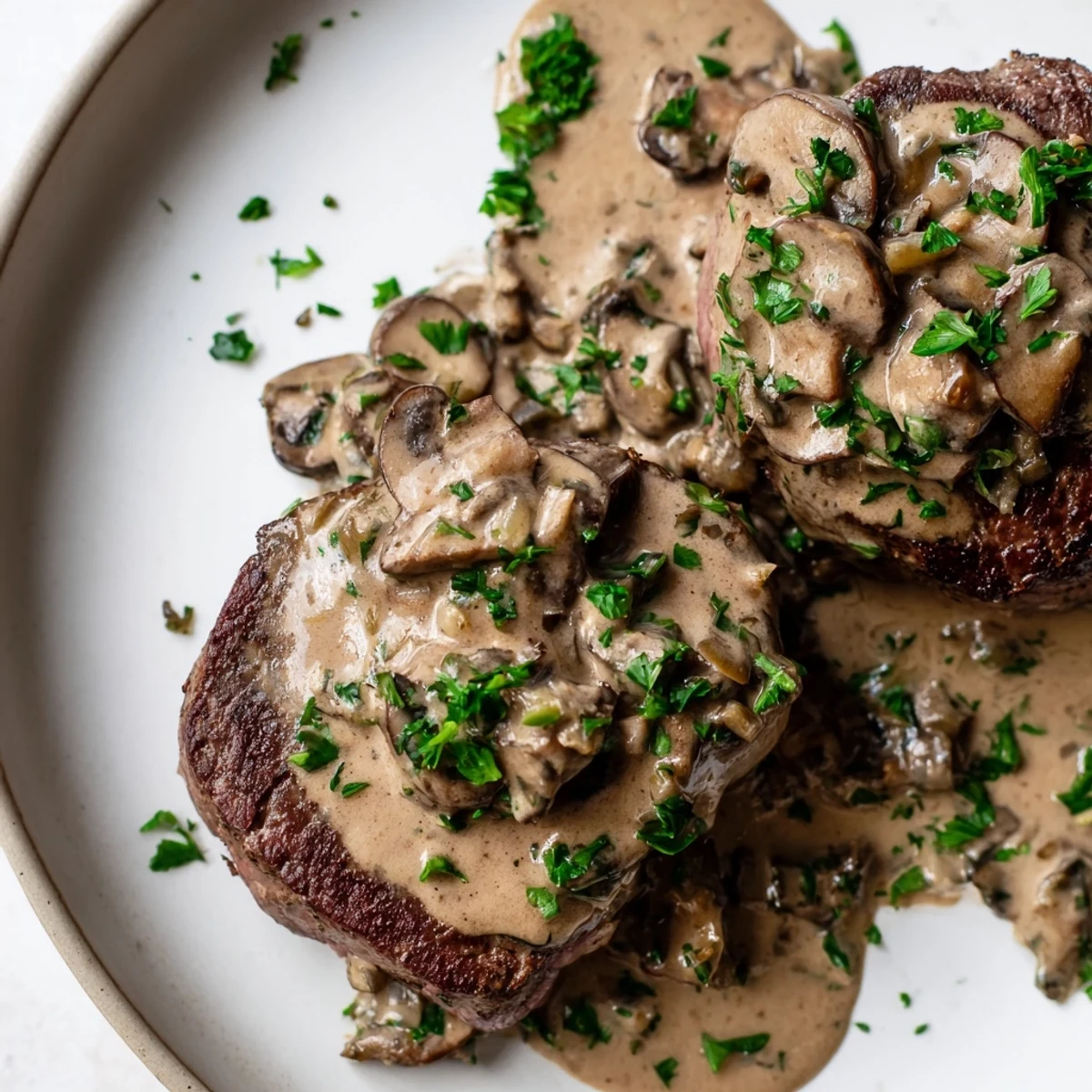Tender beef steaks seared in a skillet with sautéed mushrooms for classic Steak Diane.