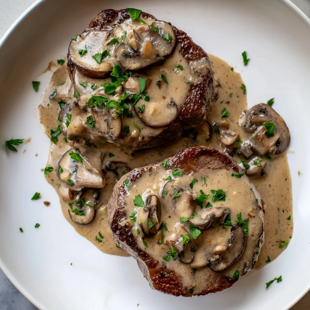 Perfectly cooked Steak Diane with rich mushroom sauce and fresh parsley, served hot.