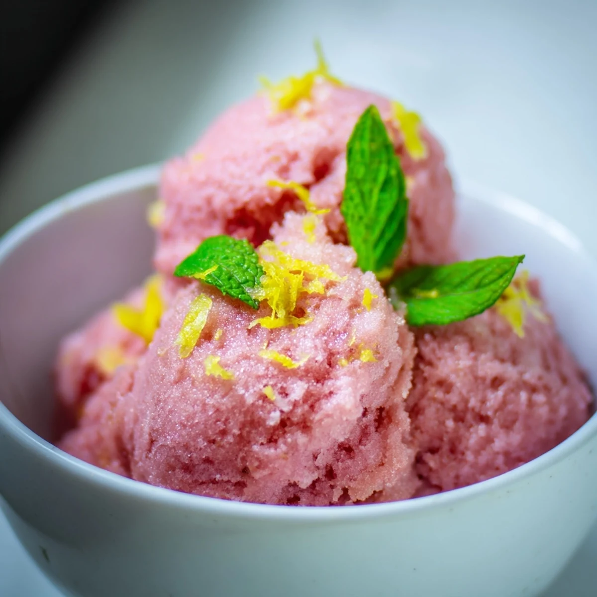 Scoops of Pink Lemonade Sorbet with Fresh Mint Leaves served in a rustic bowl next to lemon slices.