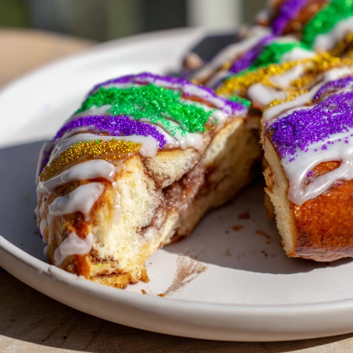 A freshly baked Mardi Gras King Cake with a golden cinnamon swirl, drizzled with white icing and sprinkled with purple, green, and gold sugars.  