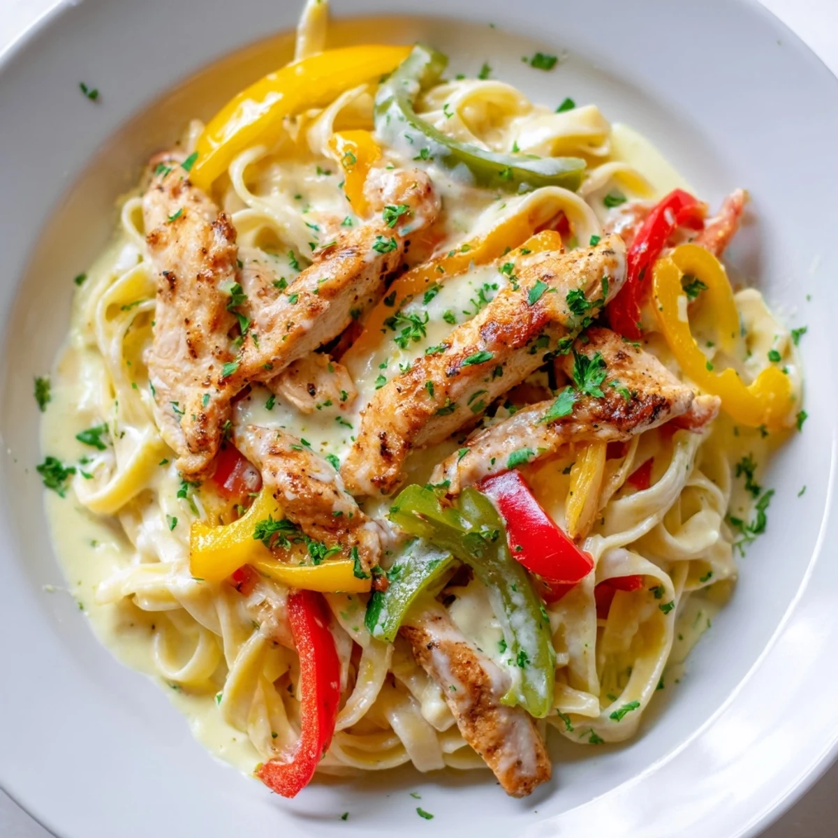 A close-up photo of Cajun Chicken Alfredo with Bell Peppers showcasing creamy sauce clinging to fettuccine noodles.