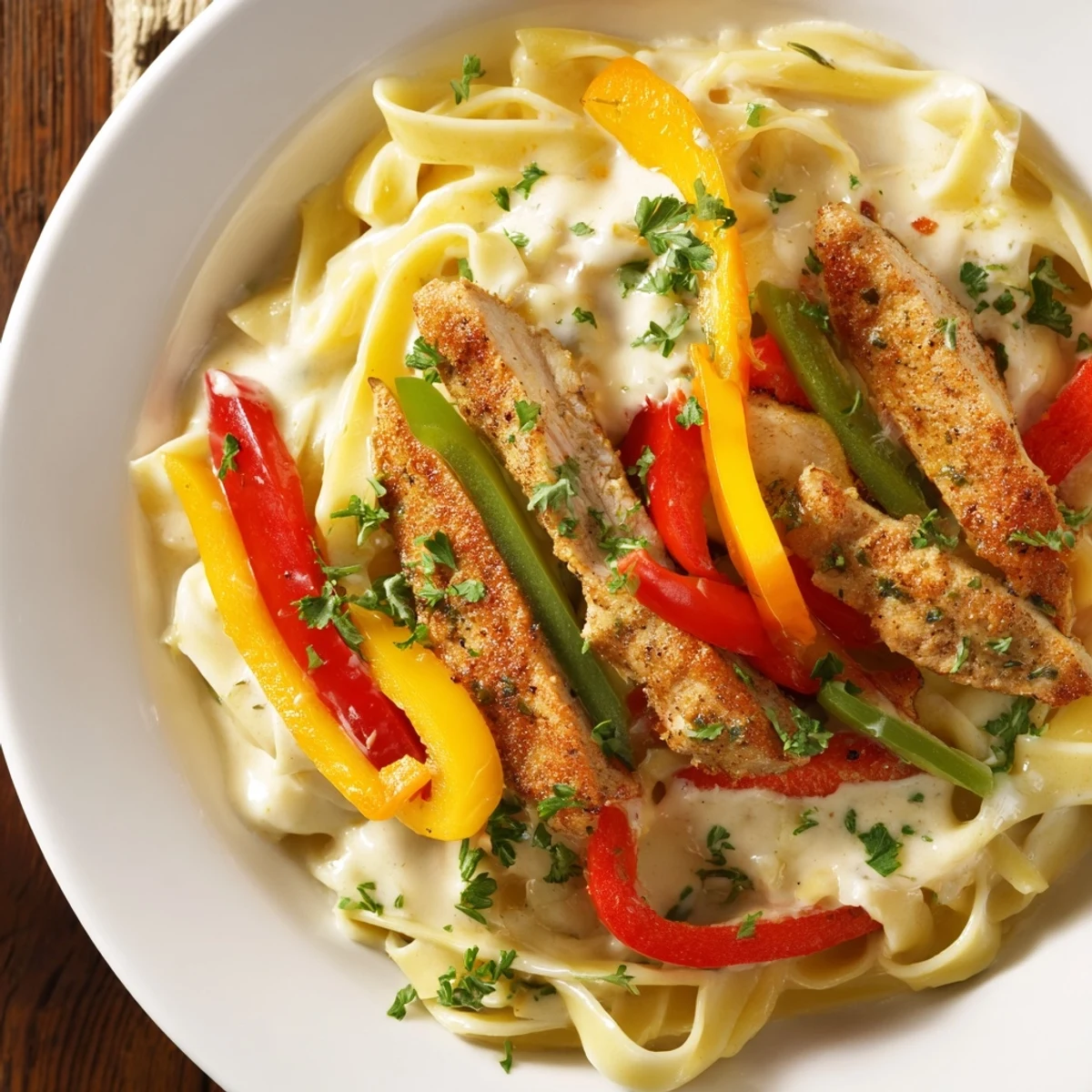 Sizzling skillet of Cajun Chicken Alfredo with Bell Peppers featuring golden-seared chicken and vibrant colorful peppers.