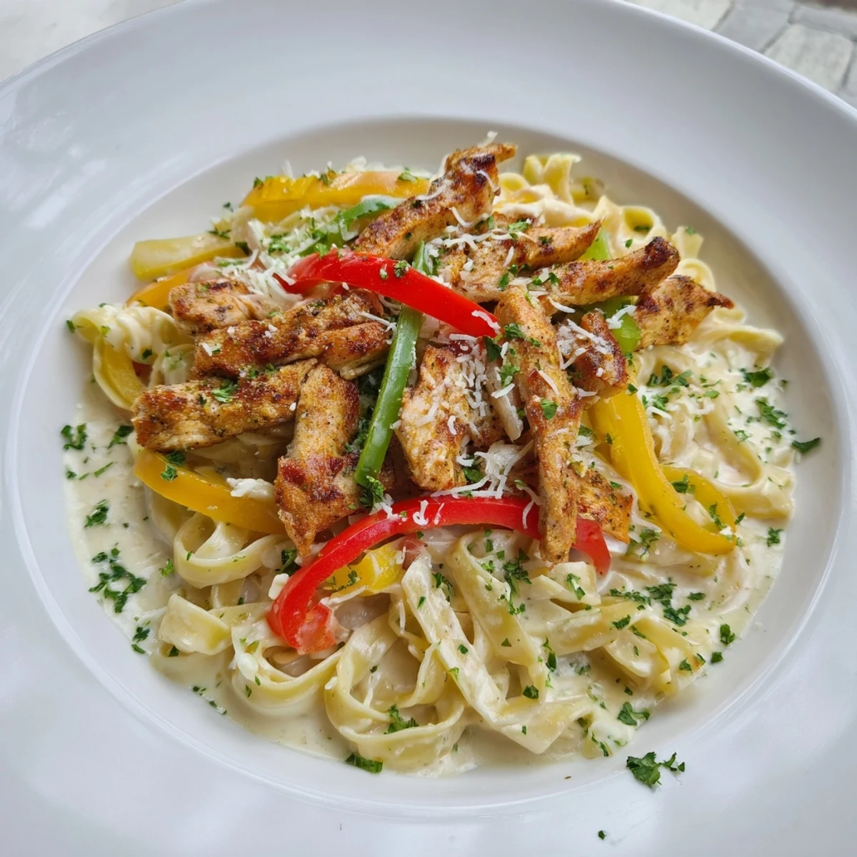 Overhead view of a serving of Cajun Chicken Alfredo with Bell Peppers topped with fresh parsley and grated Parmesan.