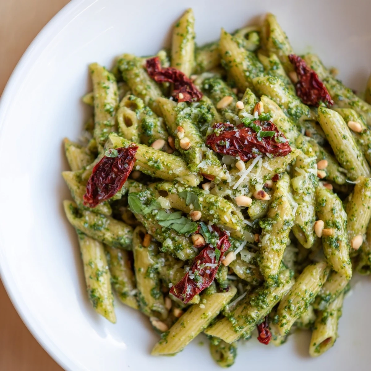 Warm Green Pesto Pasta with Sun-Dried Tomatoes is garnished with fresh basil leaves and extra Parmesan cheese for a savory lunch.