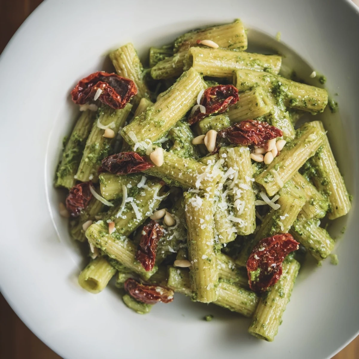 Tossed Green Pesto Pasta with Sun-Dried Tomatoes features glossy, well-coated noodles and sliced tomatoes, perfect for a quick weeknight dinner.