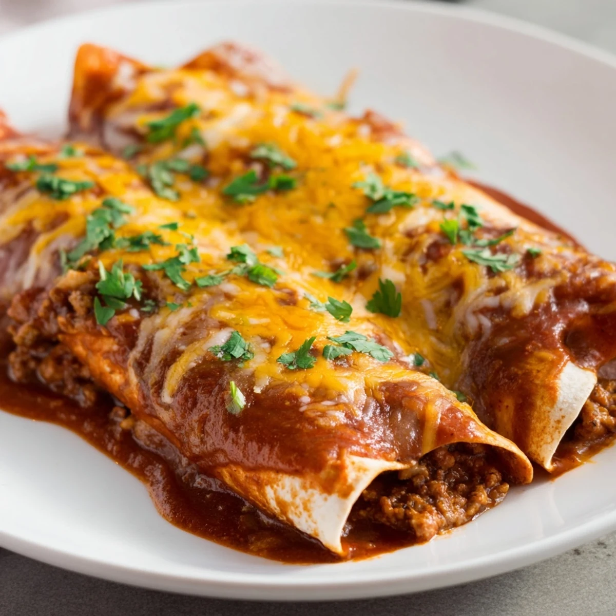 Tender beef rolled in tortillas, smothered with rich red enchilada sauce and bubbling melted cheese.  
