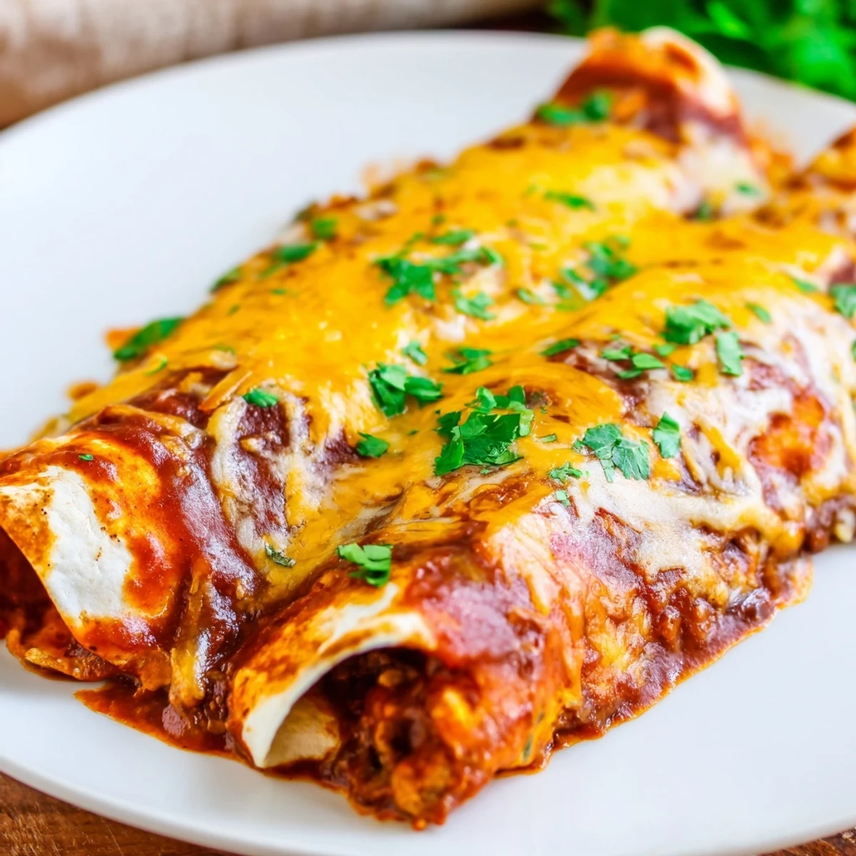 Golden baked beef enchiladas topped with cilantro, served hot in a casserole dish for a family meal.  