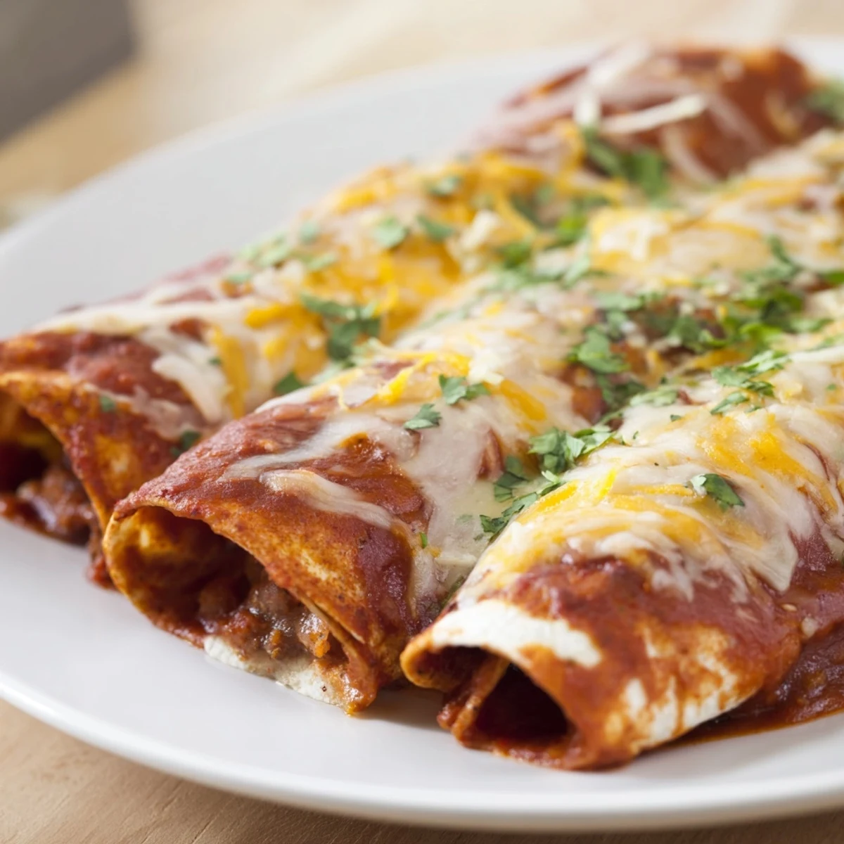 Soft flour tortillas filled with seasoned beef, covered in homemade red sauce and shredded cheese.