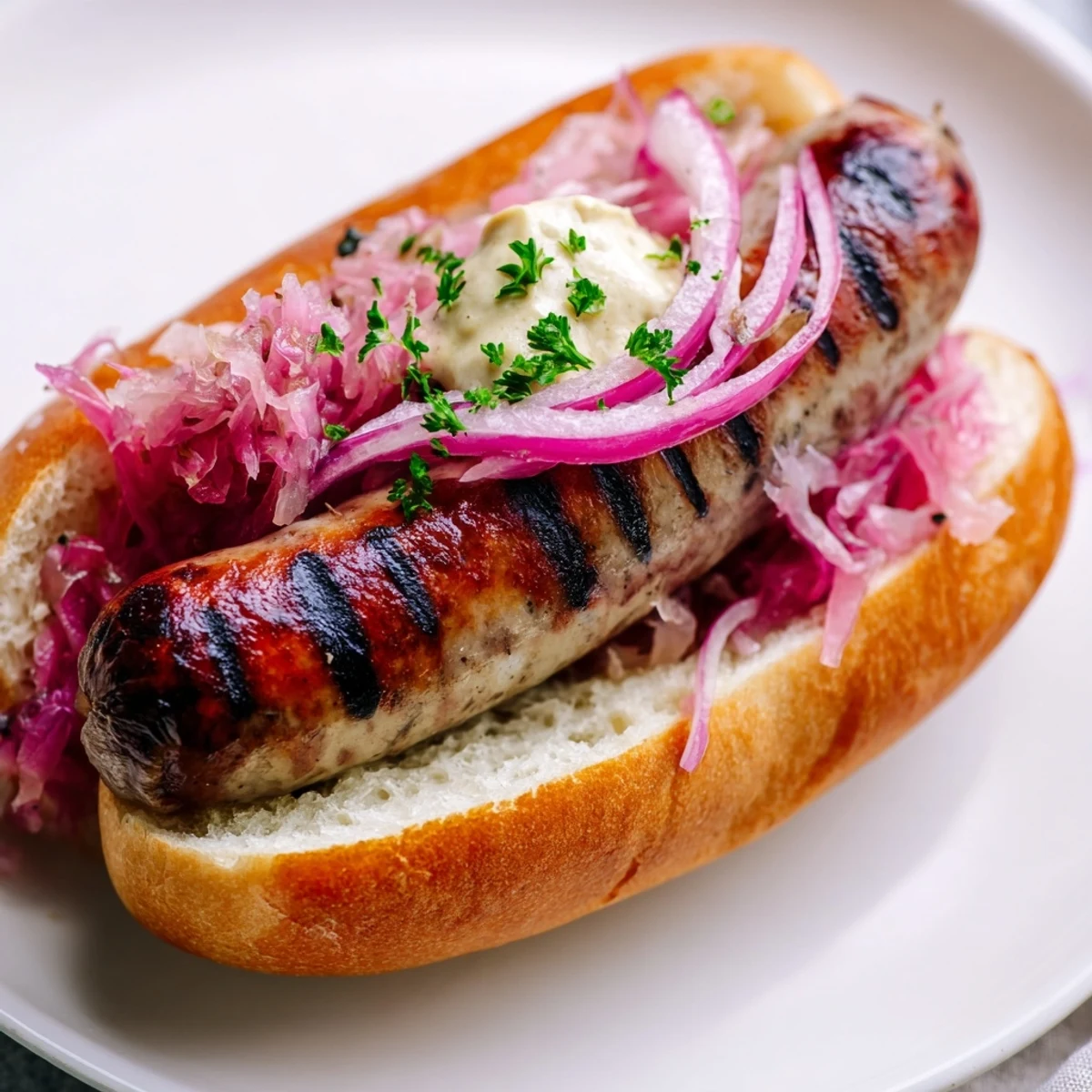 Fresh parsley and sliced red onion garnish these juicy grilled beef brats with mustard.