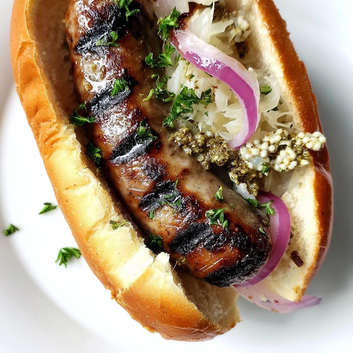 Grilled beef brats with sauerkraut and mustard topped on a toasted bun, ready to serve.