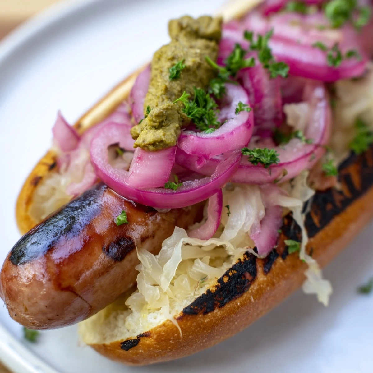Sizzling grilled beef brats on a platter, paired with tangy sauerkraut and mustard.